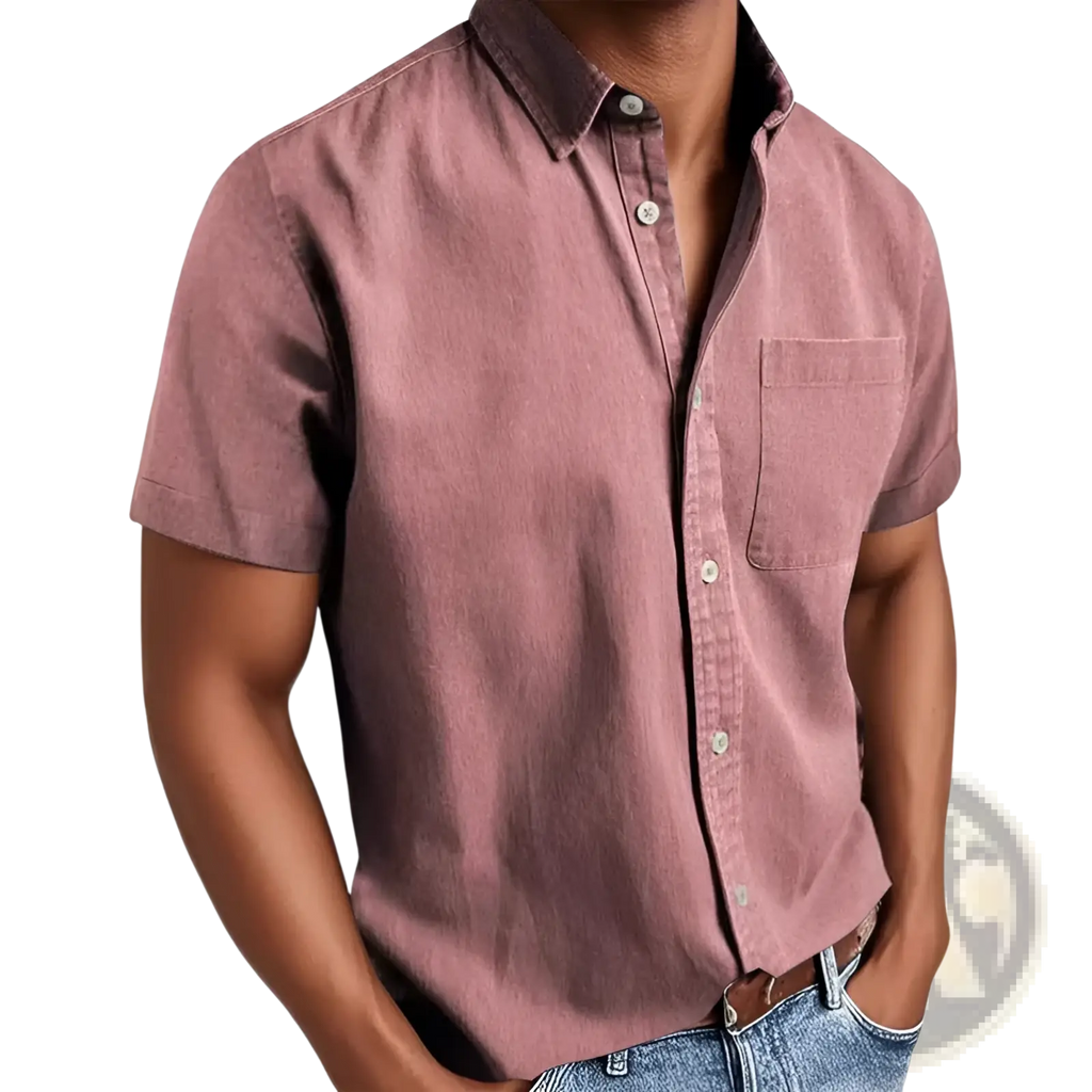 Men short sleeve polo collar denim shirt in mauve with textured weave and chest pocket for casual wear