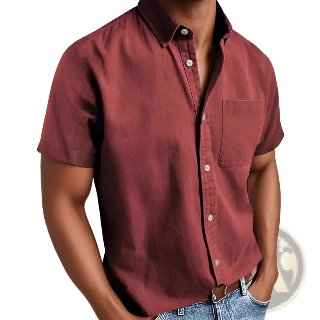Men short sleeve polo collar denim shirt in textured muted red with white buttons and chest pocket