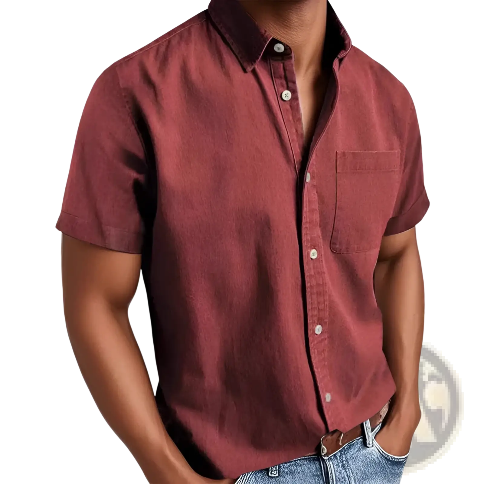 Men short sleeve polo collar denim shirt in textured muted red with white buttons and chest pocket