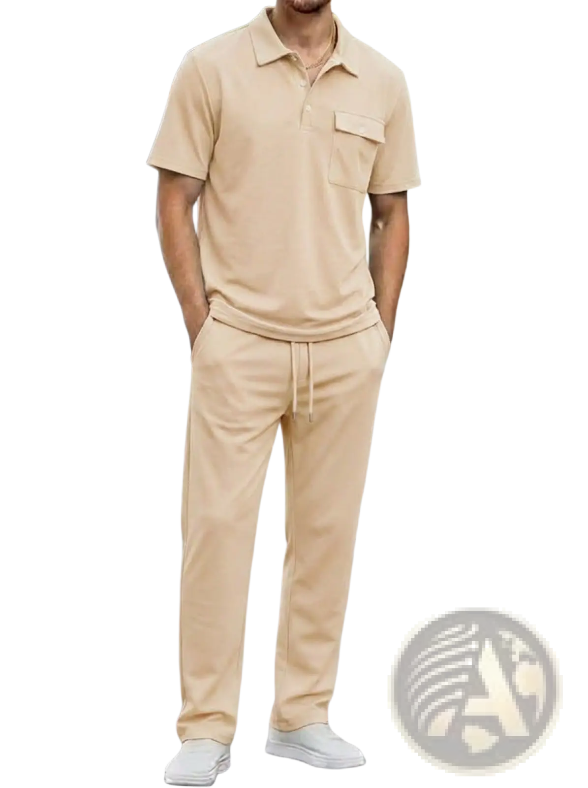 Men short sleeve beige polo shirt with chest pocket and matching drawstring pants set in comfortable fabric