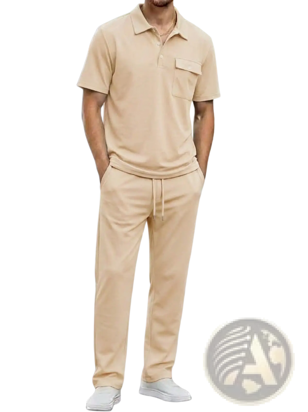 Men short sleeve beige polo shirt with chest pocket and matching drawstring pants set in comfortable fabric
