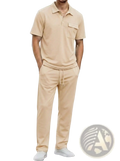Men short sleeve beige polo shirt with chest pocket and matching drawstring pants set in comfortable fabric