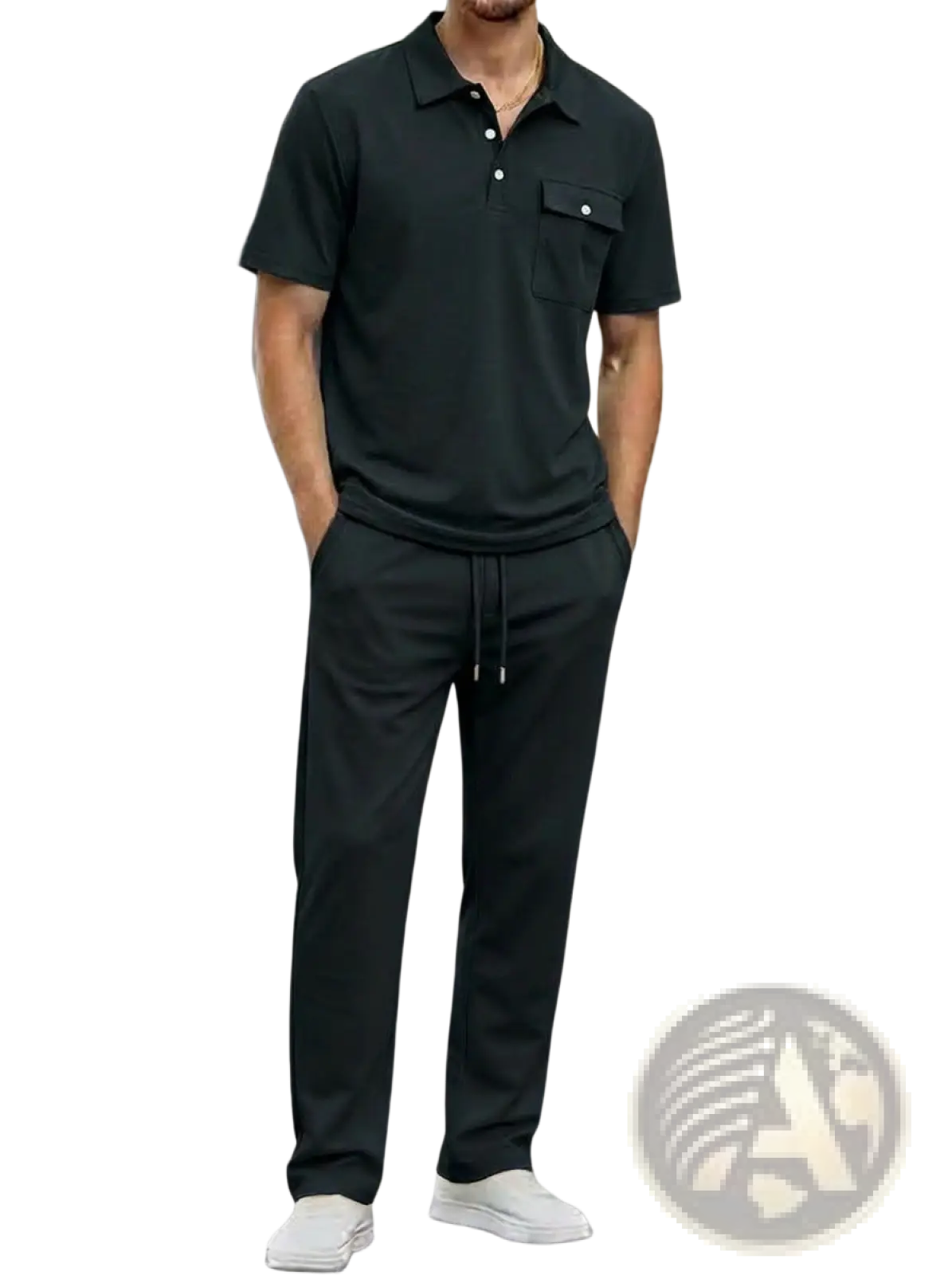 Men short sleeve polo shirt with chest pocket and white buttons in black cotton fabric for casual wear