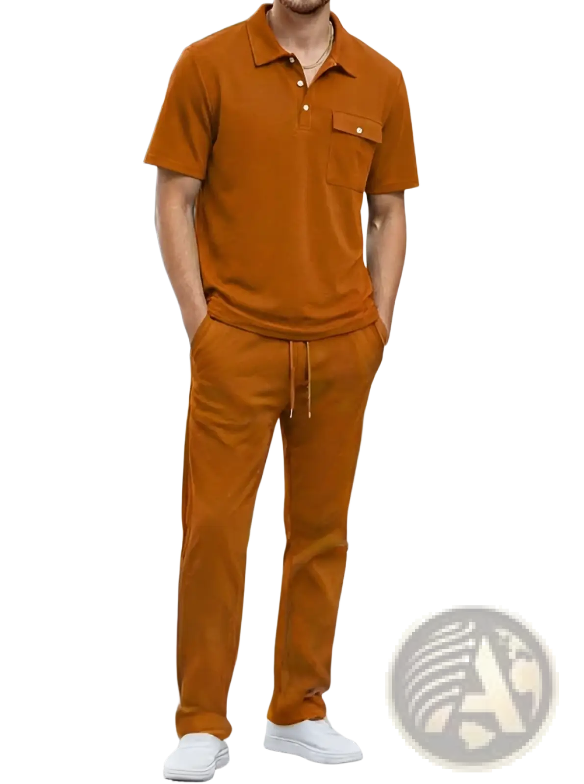 A man wearing a rust-colored men short sleeve polo shirt and matching drawstring pants set with chest pocket