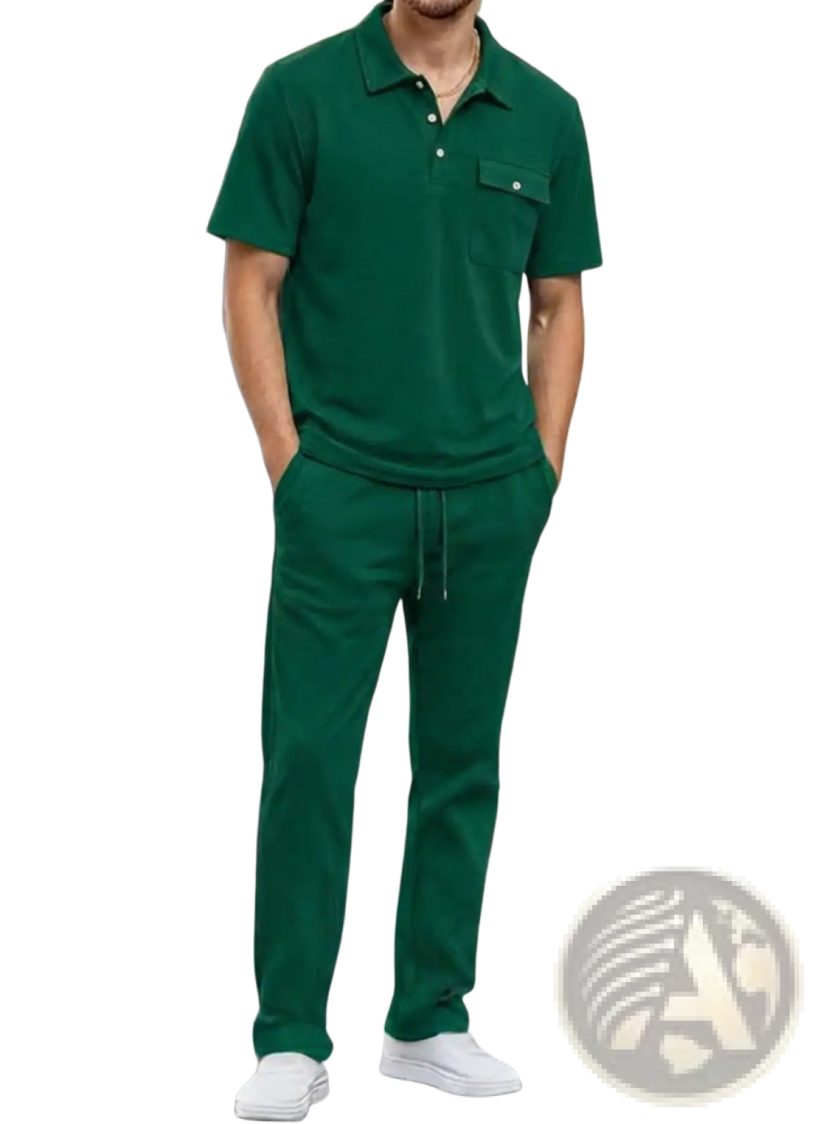 A man wearing a green short sleeve polo shirt and pants set with buttoned placket and chest pocket paired with white sneakers