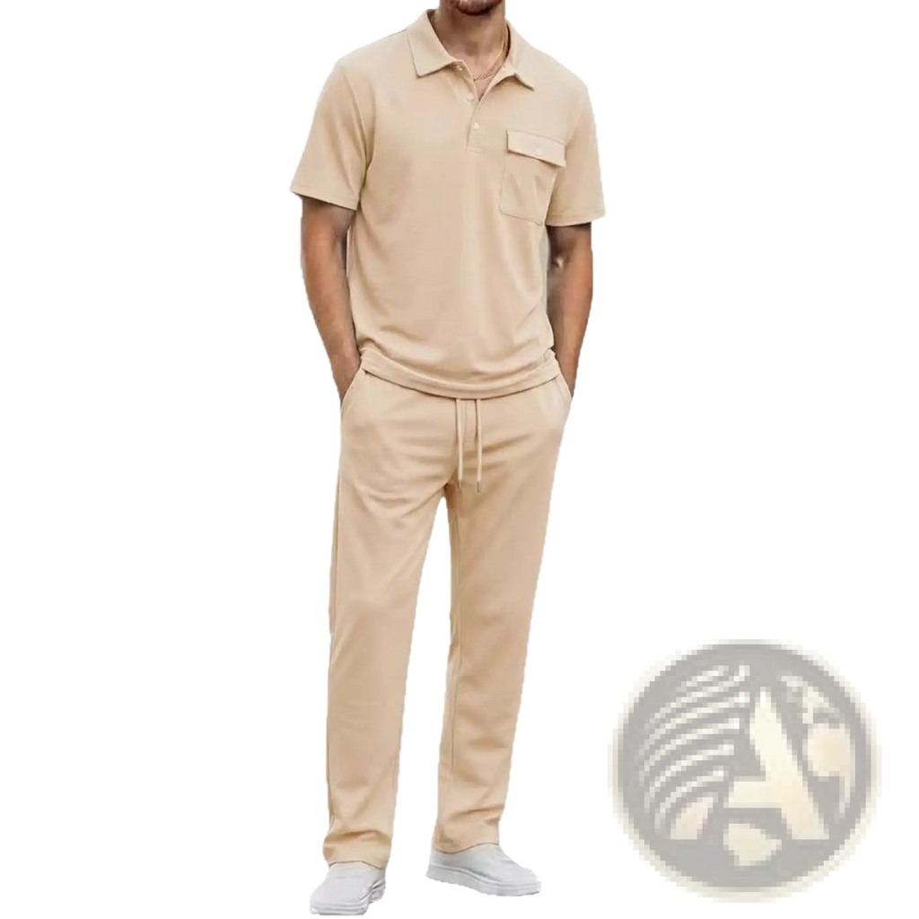 Beige short-sleeved polo shirt with chest pocket and matching drawstring pants men short sleeve set