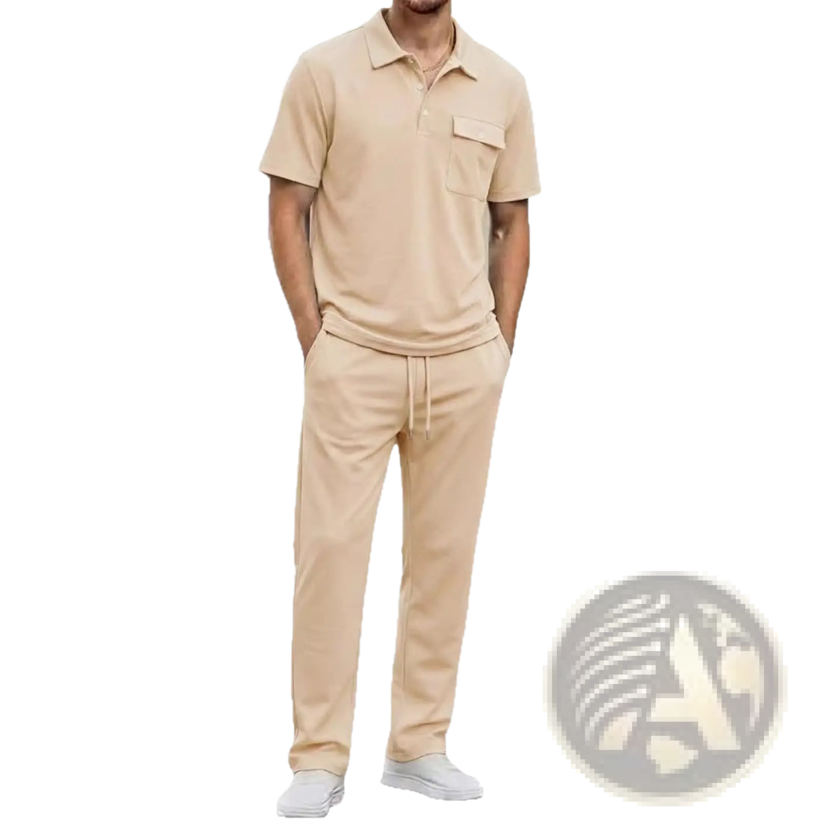 Beige short-sleeved polo shirt with chest pocket and matching drawstring pants men short sleeve set