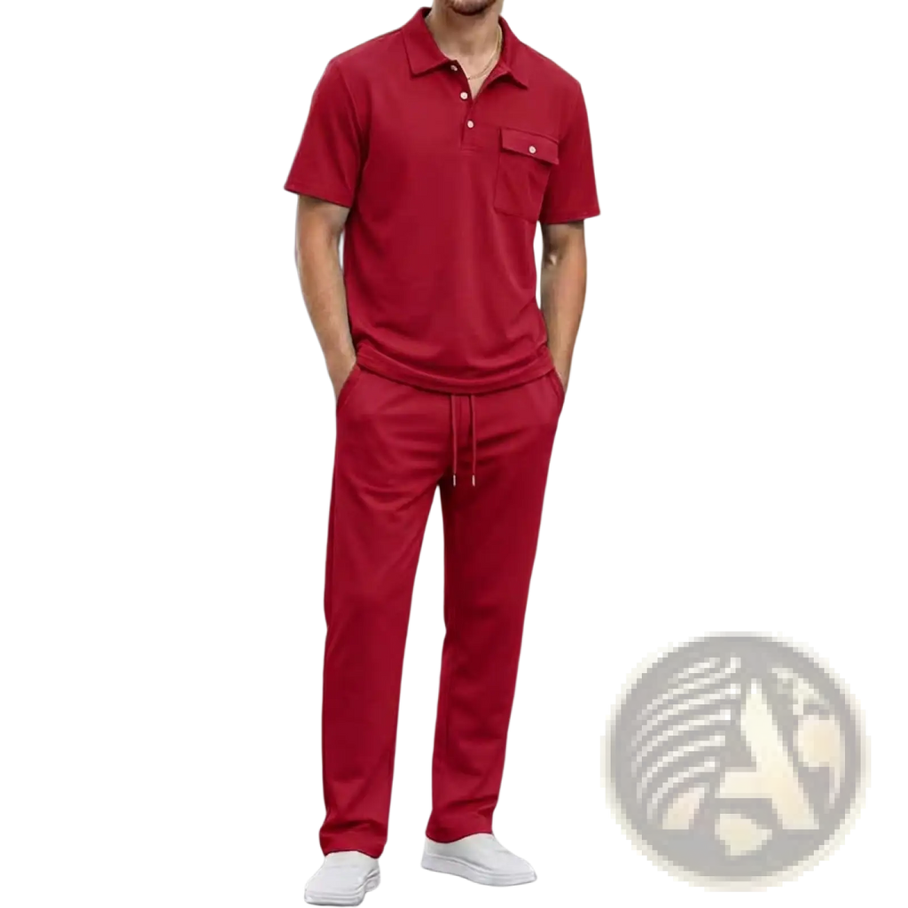 Men short sleeve polo shirt and pants set in red featuring a chest pocket and matching drawstring pants