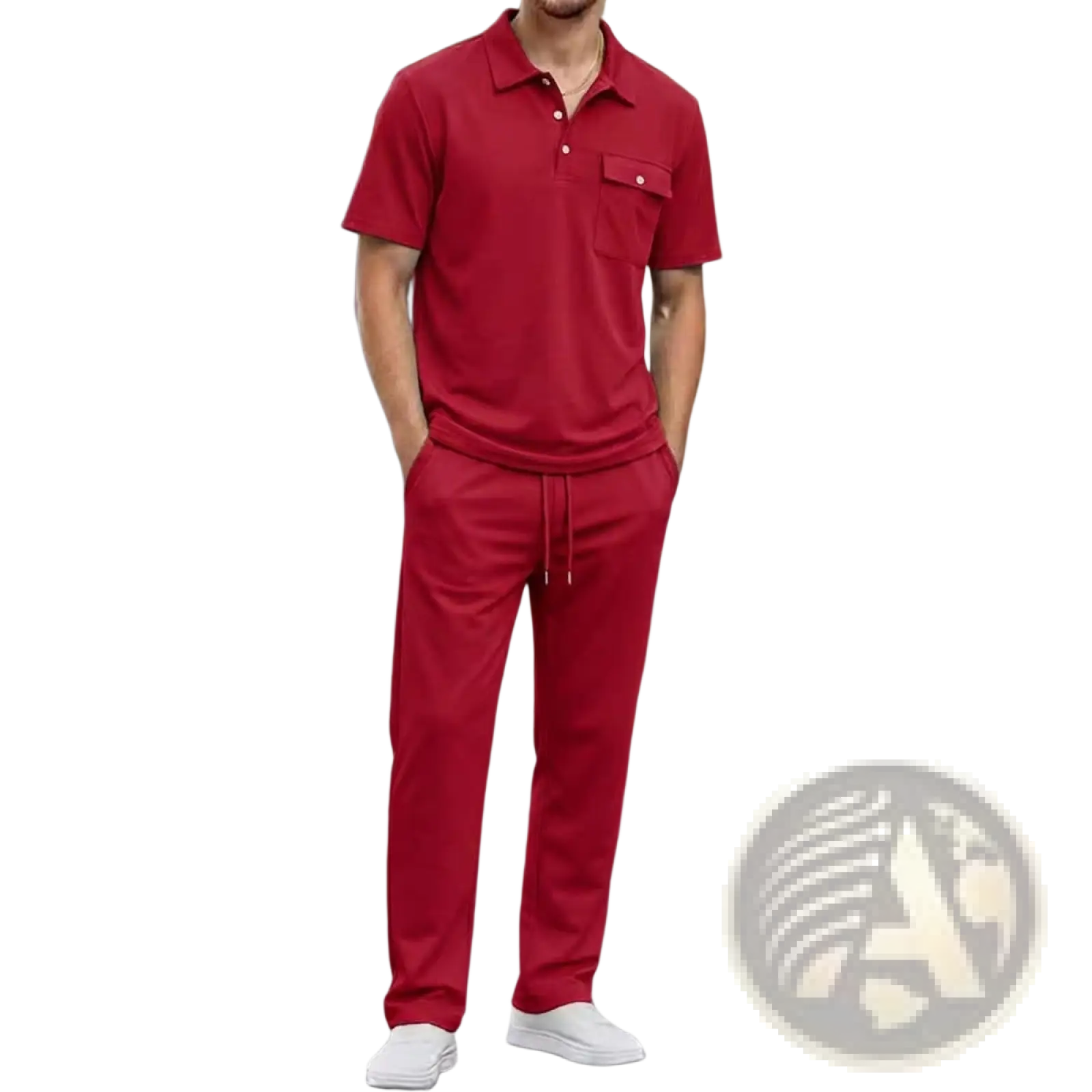 Men short sleeve polo shirt and pants set in red featuring a chest pocket and matching drawstring pants