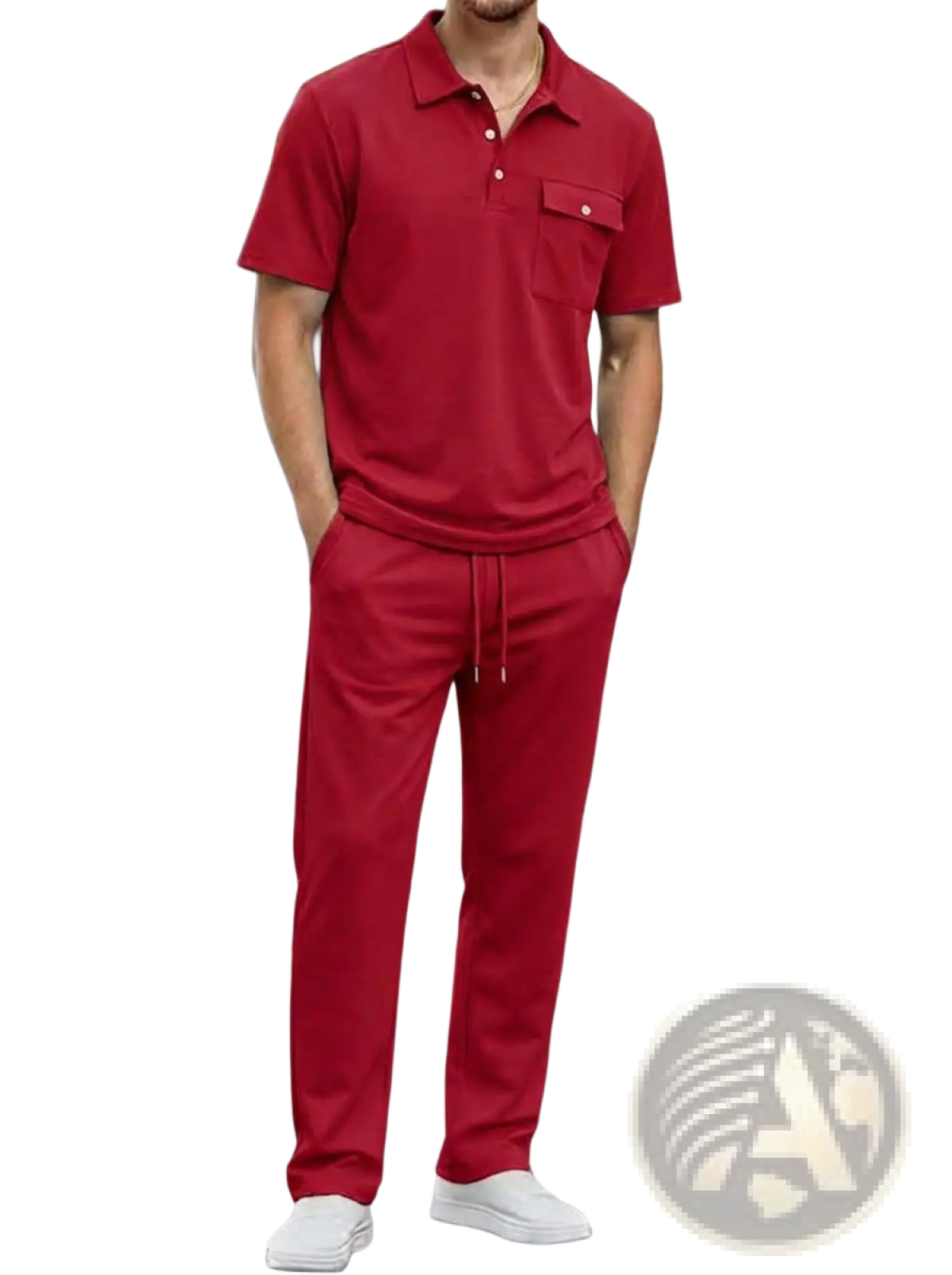 Men short sleeve polo shirt and pants set featuring a red cotton polo shirt with collar, button placket, and chest pocket