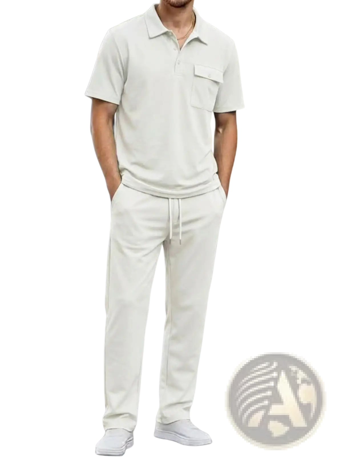 Men short sleeve polo shirt and pants set featuring a crisp white cotton short-sleeved polo with classic collar and chest pocket