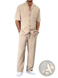 Beige short sleeve shirt and trousers set for men featuring a button-up collar design in lightweight fabric
