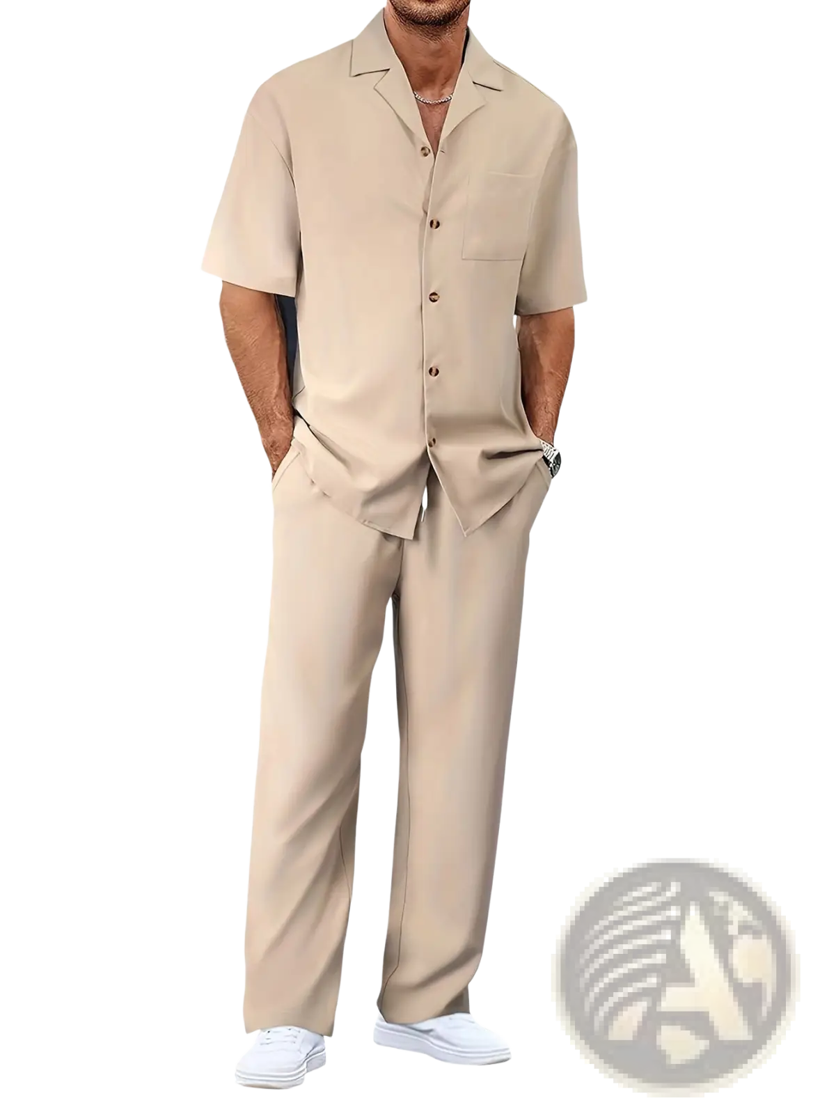 Beige short sleeve shirt and trousers set for men featuring a button-up collar design in lightweight fabric