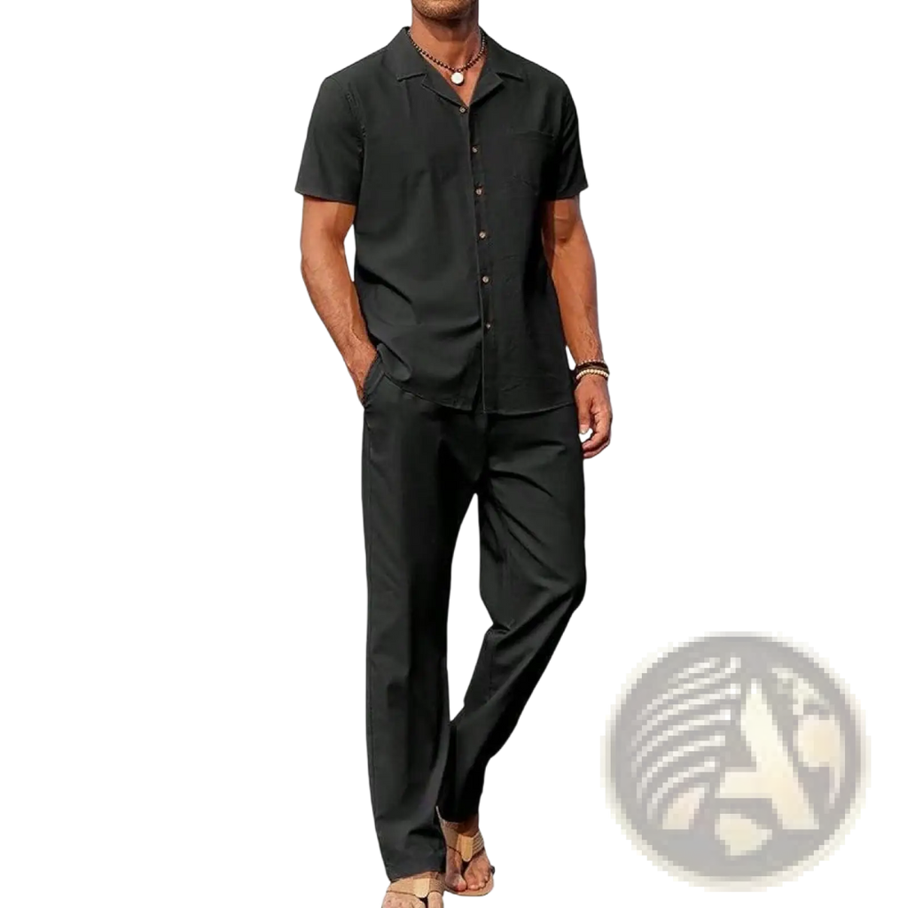 Men short sleeve shirt and trousers set featuring a black short-sleeved button-up shirt with collar and front pockets