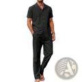 Men short sleeve shirt and trousers set featuring a black short-sleeved button-up shirt with collar and front pockets