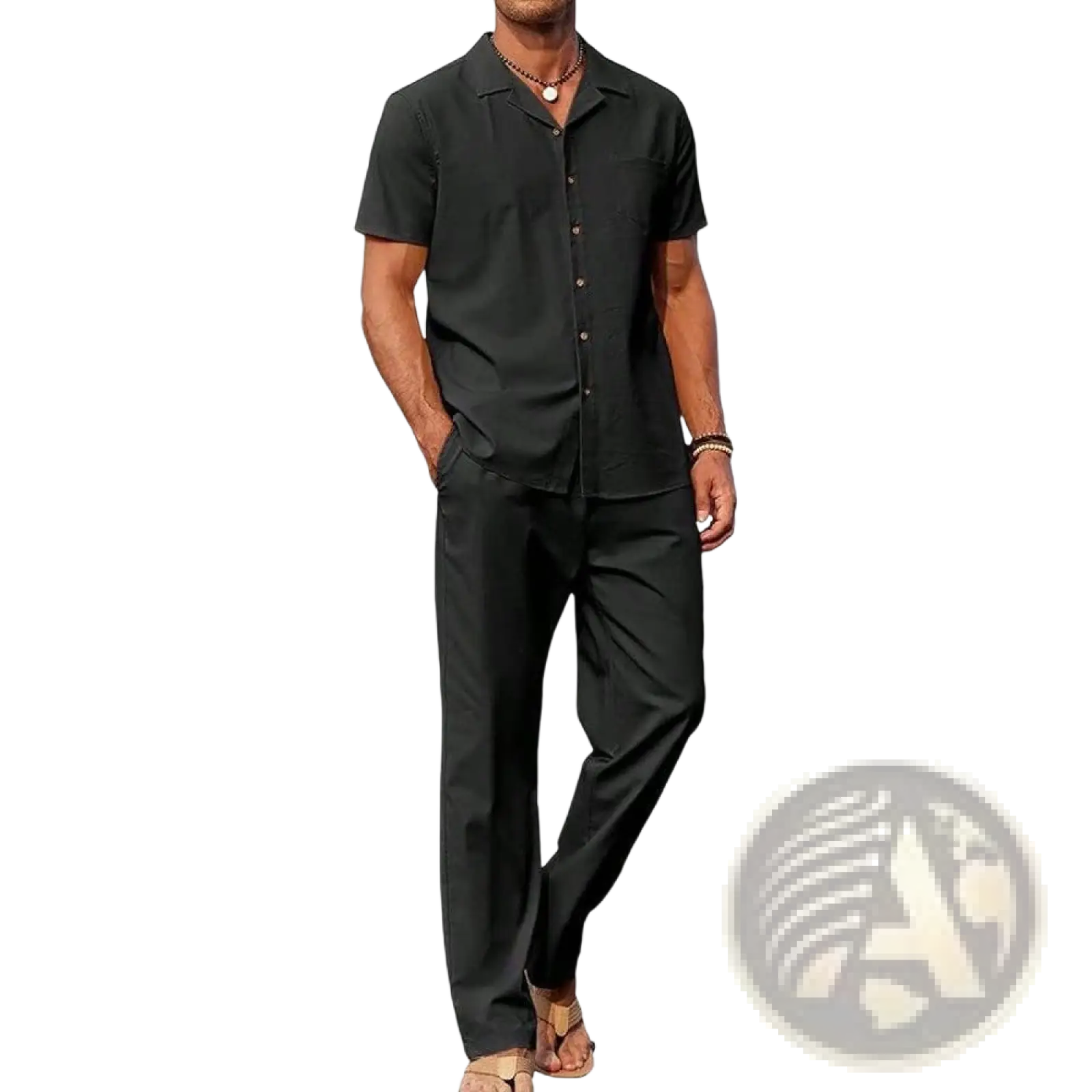 Men short sleeve shirt and trousers set featuring a black short-sleeved button-up shirt with collar and front pockets