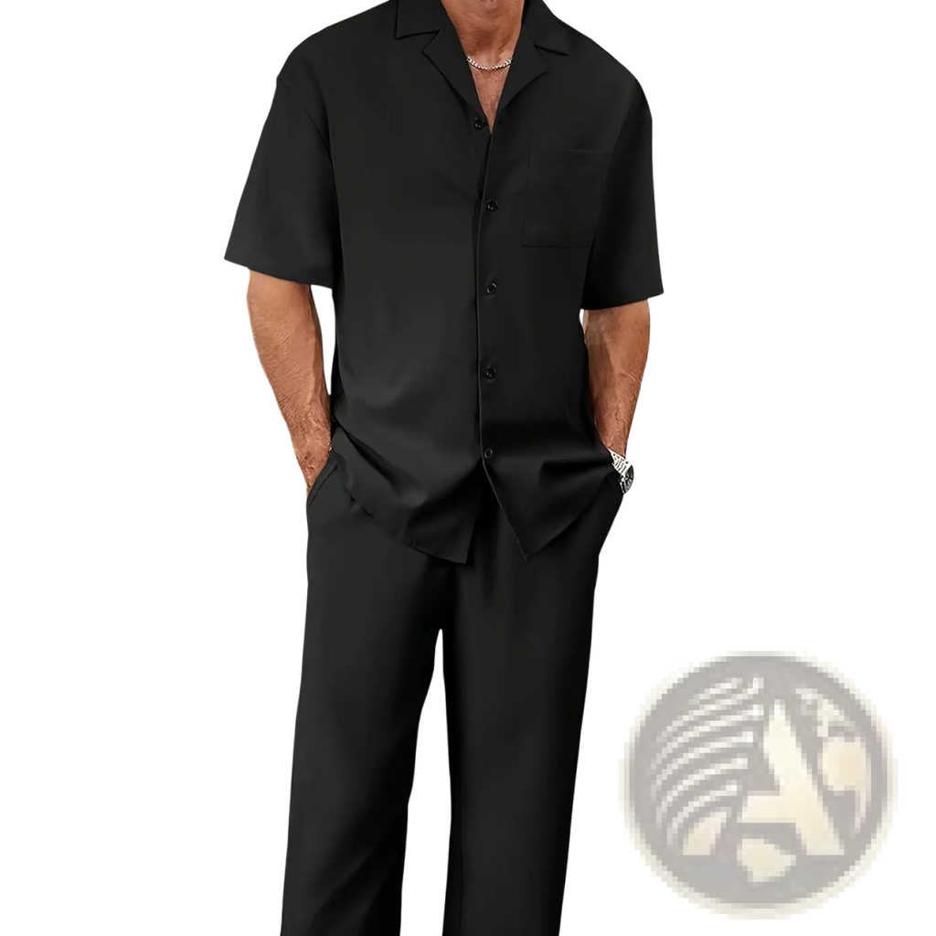 Black short-sleeved button-up shirt with collar and chest pocket from men short sleeve shirt and trousers set