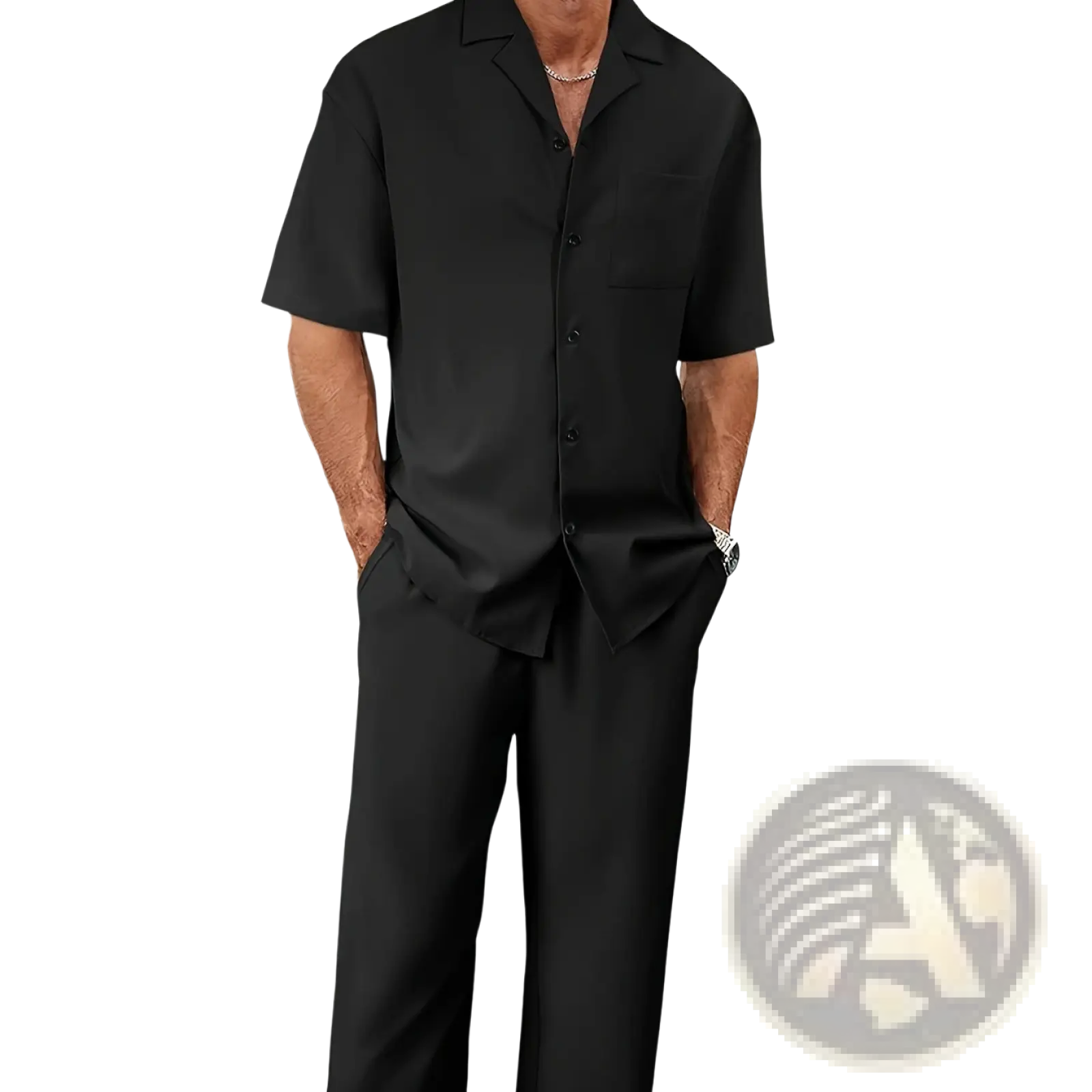 Black short-sleeved button-up shirt with collar and chest pocket from men short sleeve shirt and trousers set