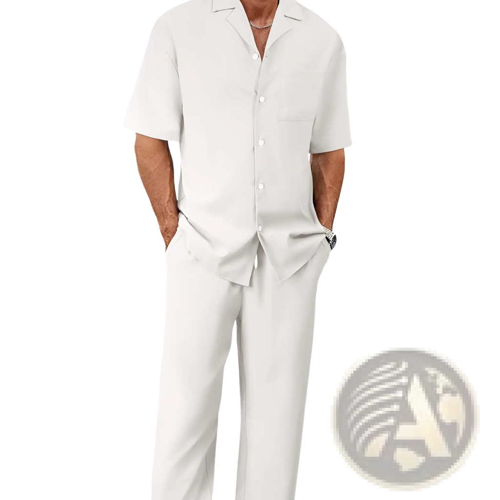 Men short sleeve shirt and trousers set featuring a crisp white short-sleeved button-up shirt with front pocket and classic collar