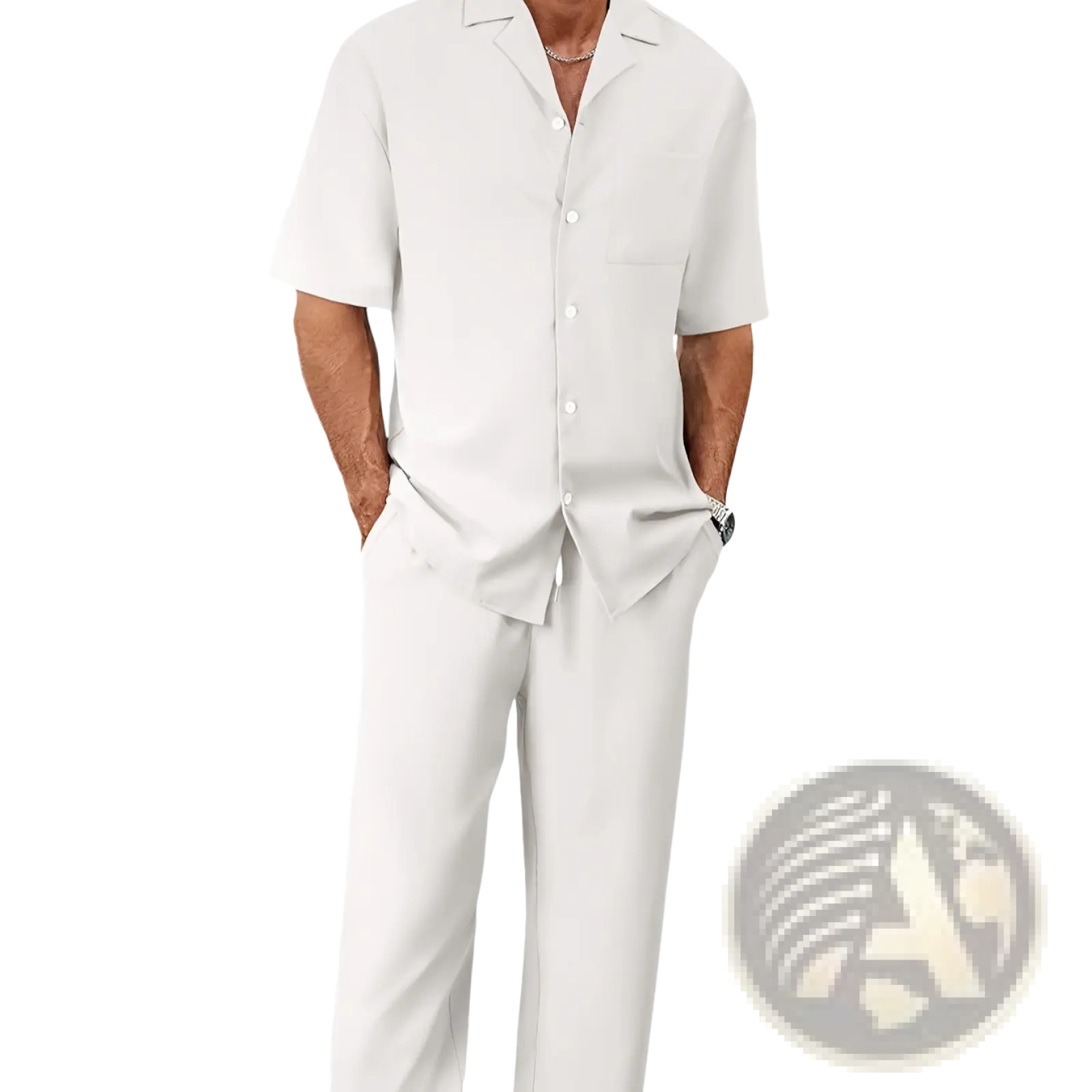 Men short sleeve shirt and trousers set featuring a crisp white short-sleeved button-up shirt with front pocket and classic collar