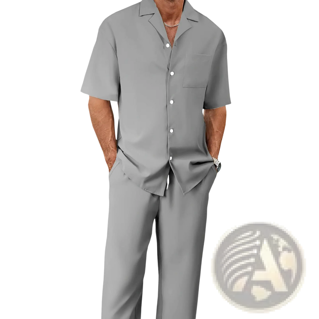 Gray short sleeve button-up shirt with collar and chest pocket from men short sleeve shirt and trousers set