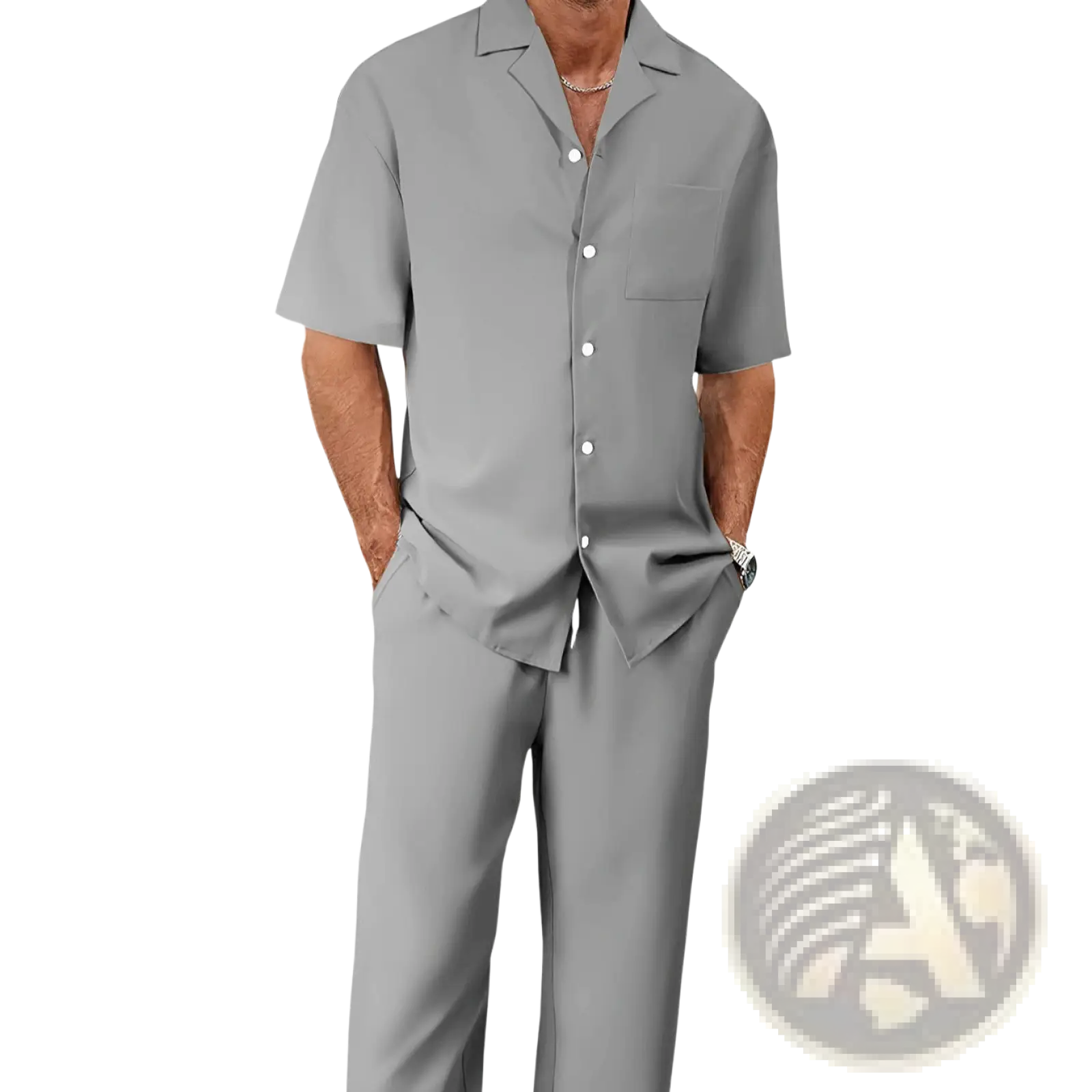 Gray short sleeve button-up shirt with collar and chest pocket from men short sleeve shirt and trousers set
