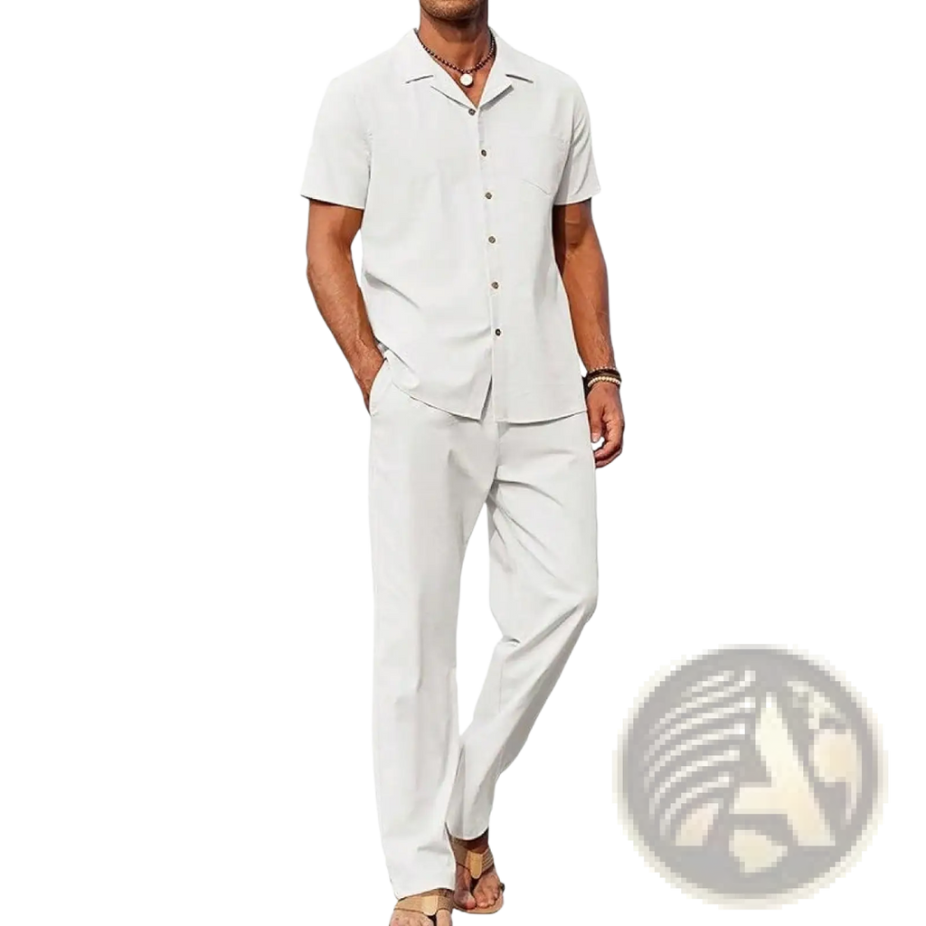 Men short sleeve shirt and trousers set in light gray featuring a collared button-up shirt with matching pants
