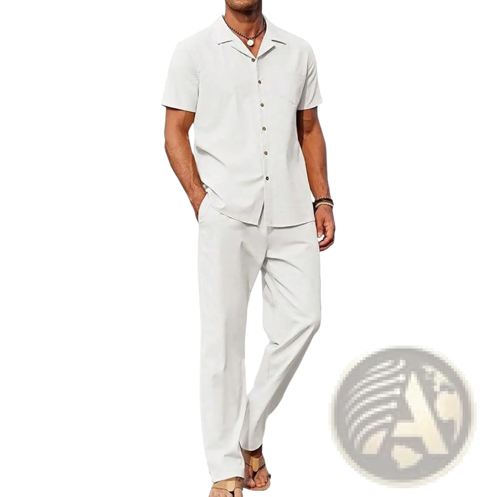 Men short sleeve shirt and trousers set in light gray featuring a collared button-up shirt with matching pants