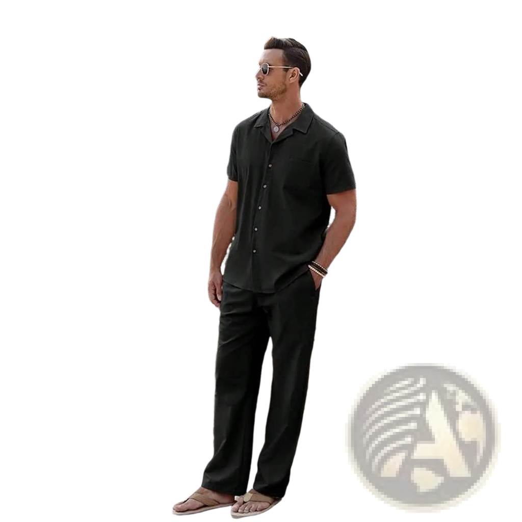 A man wearing a dark green cotton men short sleeve shirt and trousers set with a collar and buttons