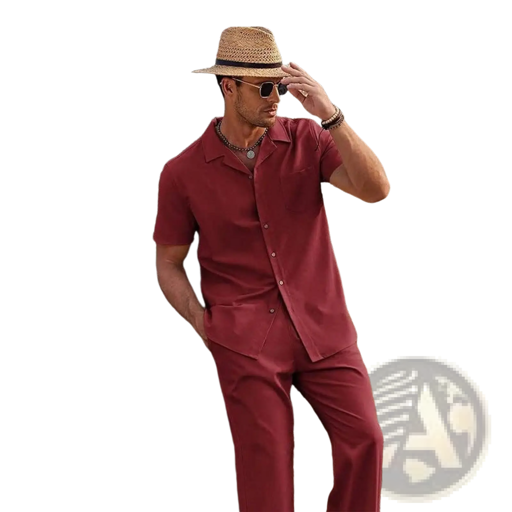 Man wearing a maroon short sleeve shirt and trousers set made of lightweight fabric for casual wear