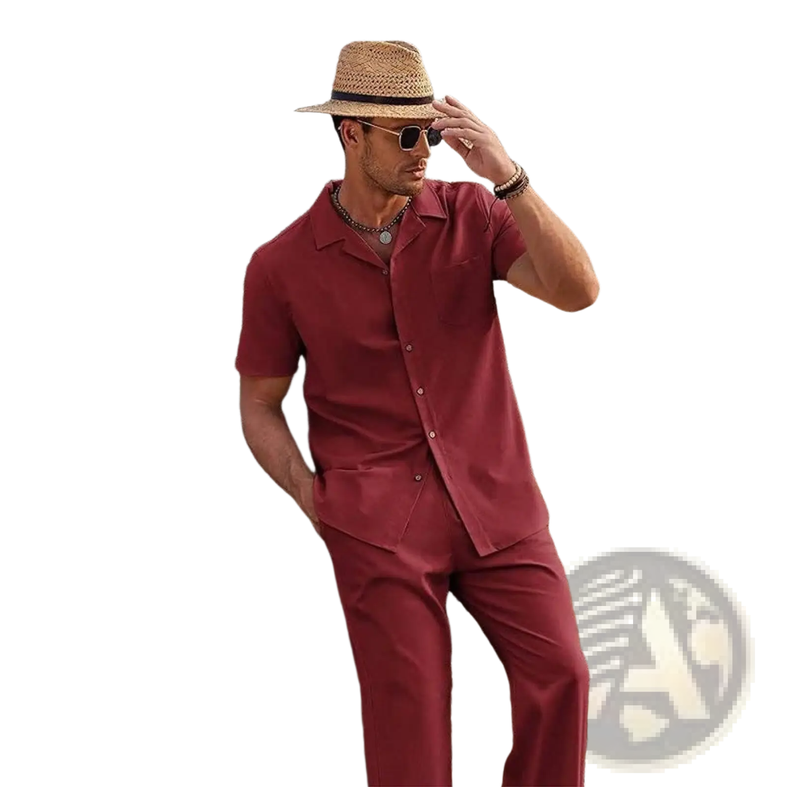 Man wearing a maroon short sleeve shirt and trousers set made of lightweight fabric for casual wear
