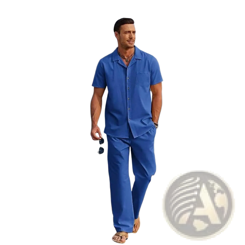 A man wearing a vibrant blue men short sleeve shirt and trousers set with wide-leg pants and sandals