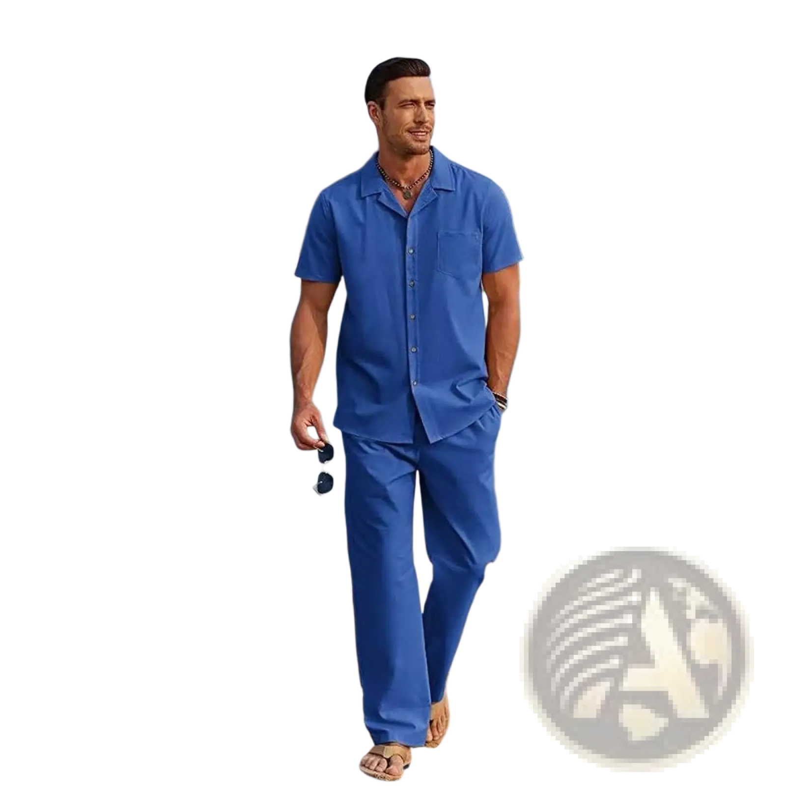 A man wearing a vibrant blue men short sleeve shirt and trousers set with wide-leg pants and sandals
