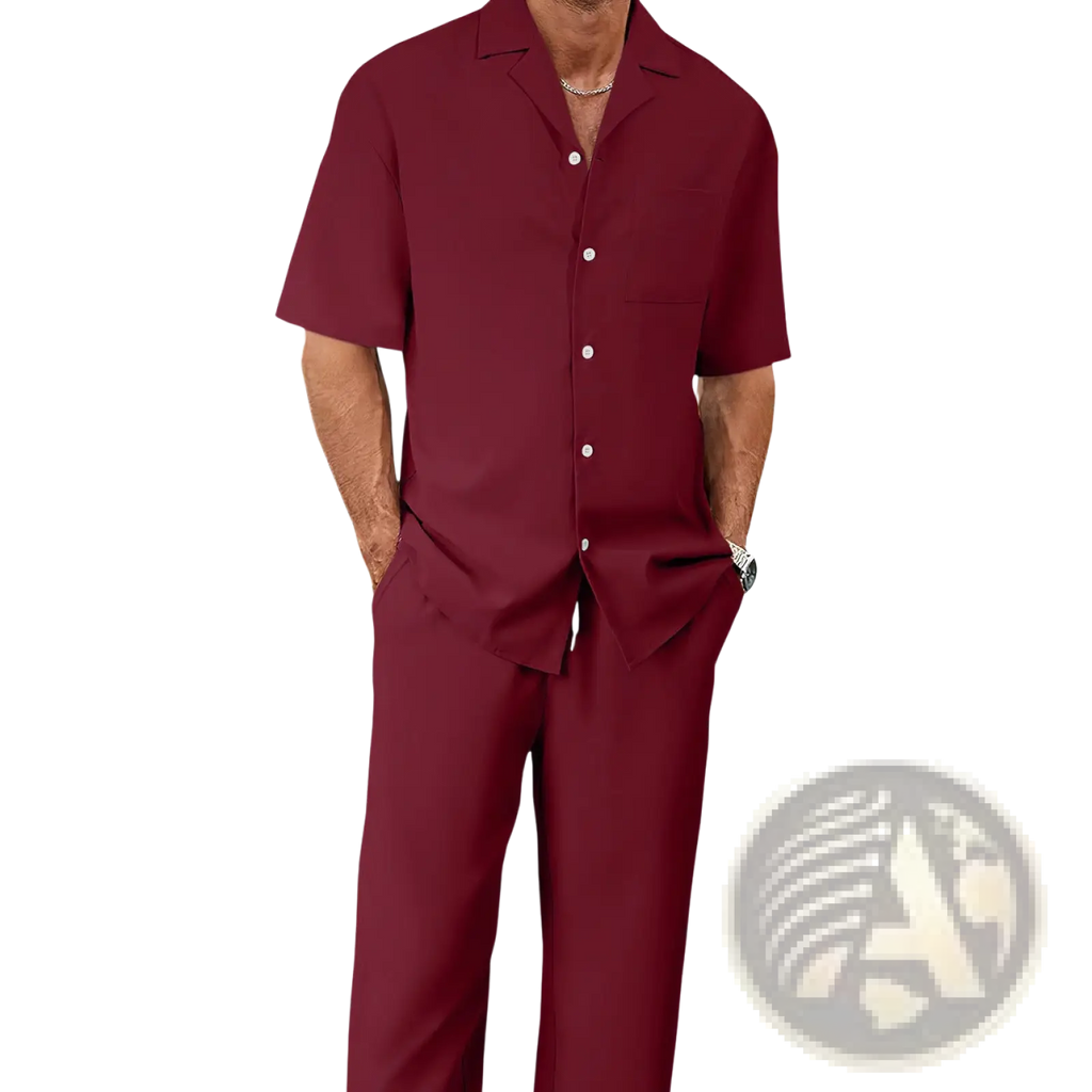 Men short sleeve shirt and trousers set in maroon featuring a lightweight button-up design for casual wear