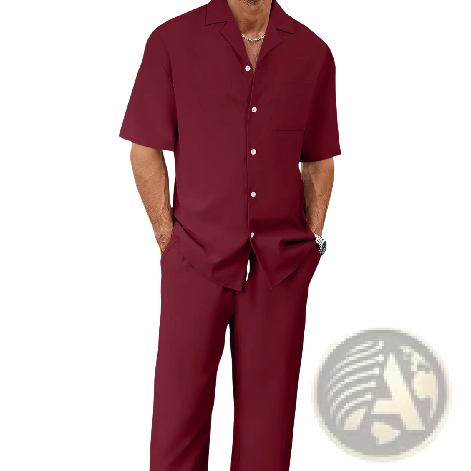 Men short sleeve shirt and trousers set in maroon featuring a lightweight button-up design for casual wear