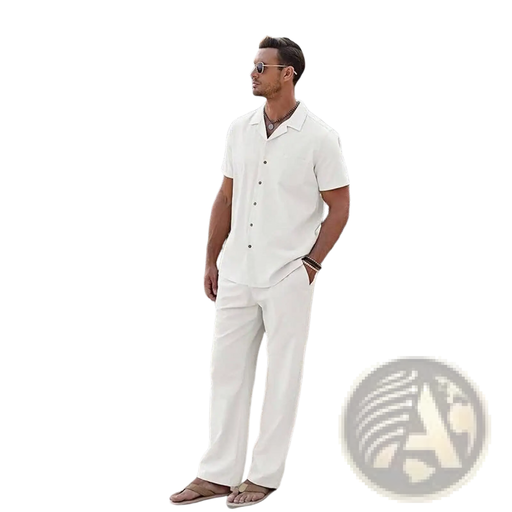 Man wearing a white short sleeve button up shirt with collar standing outdoors in men short sleeve shirt and trousers set