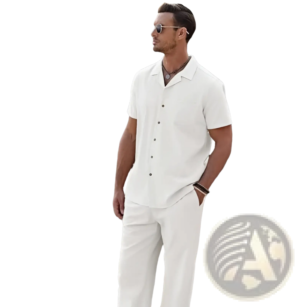 Men short sleeve shirt and trousers set featuring a white short-sleeved button-up shirt with collar and subtle texture