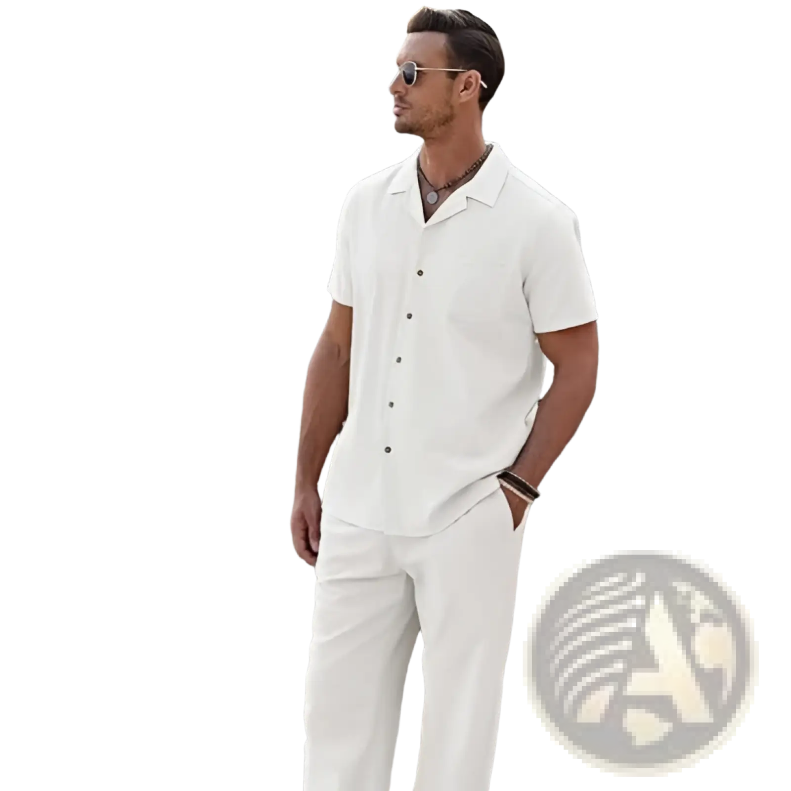 Men short sleeve shirt and trousers set featuring a white short-sleeved button-up shirt with collar and subtle texture