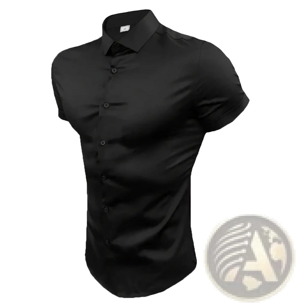 Men short sleeve slim business dress shirt in black with classic collar and button-down front for formal wear
