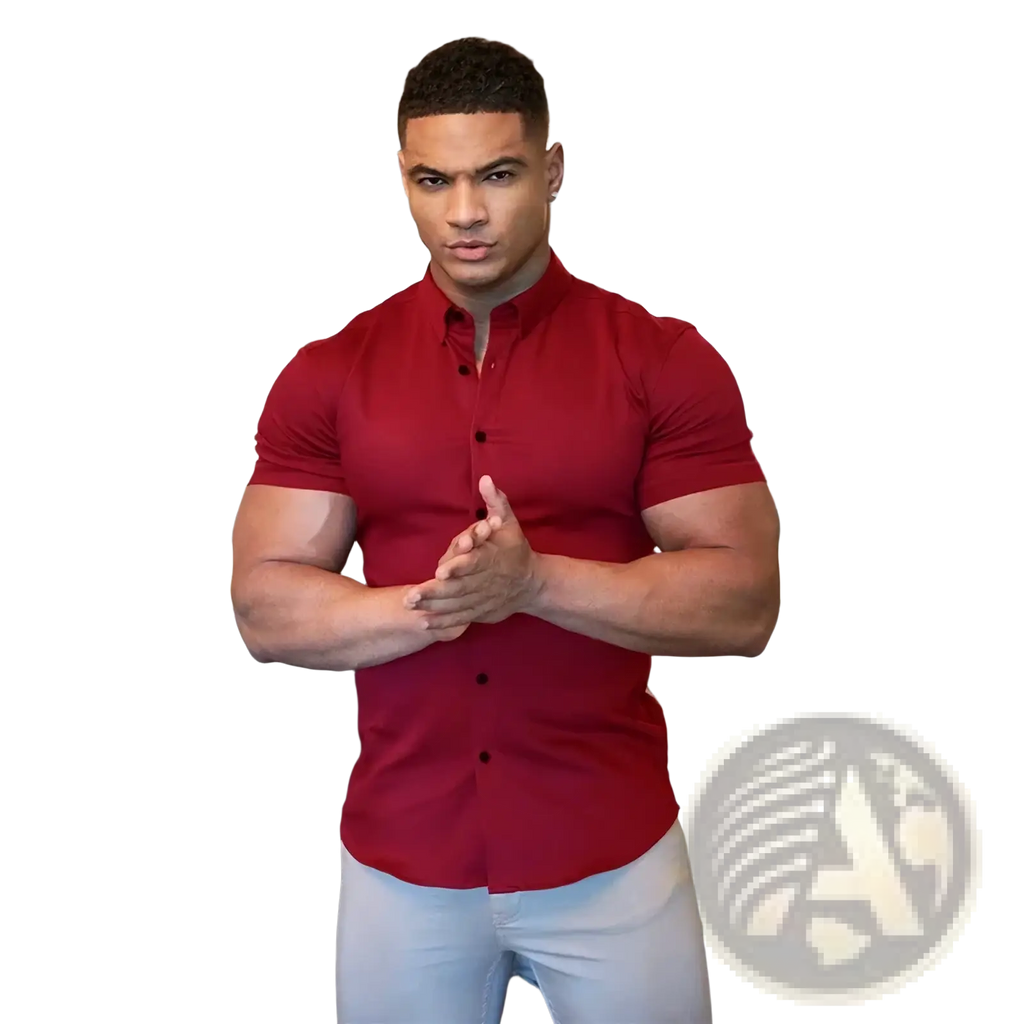 A man wearing a fitted red short sleeve slim business dress shirt with black buttons