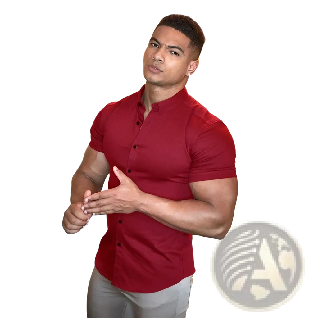 A man wearing a vibrant red short sleeve slim business dress shirt with stand collar and black buttons