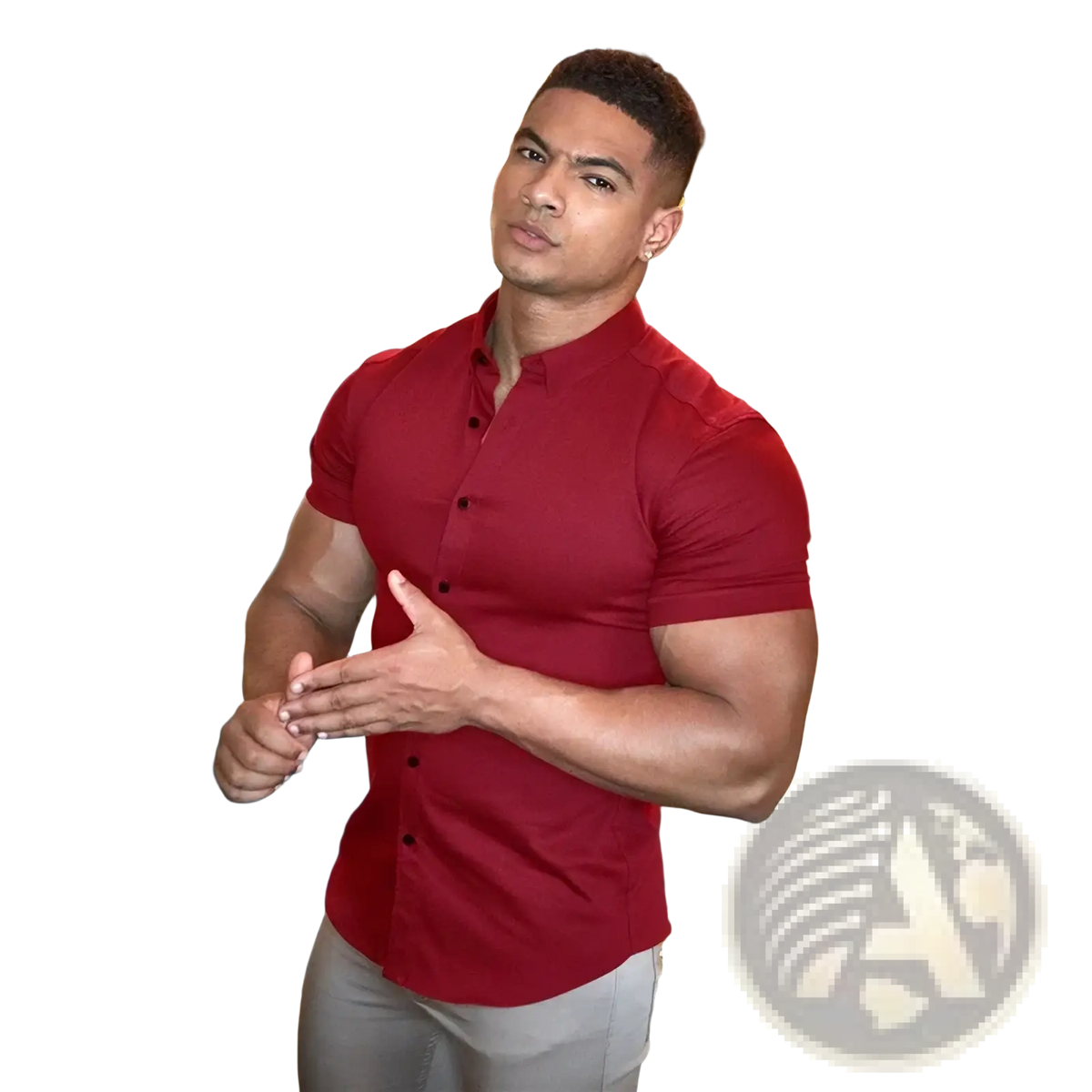 A man wearing a vibrant red short sleeve slim business dress shirt with stand collar and black buttons