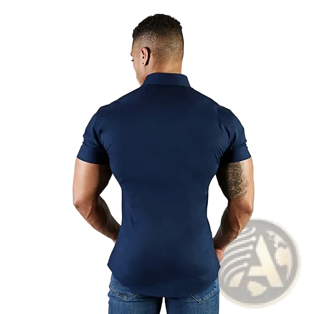 Men short sleeve slim business dress shirt navy blue fitted polo made of breathable fabric for professional wear