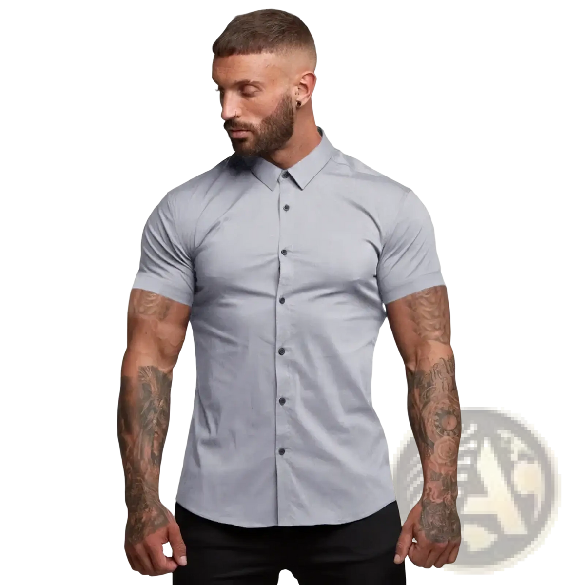 Men short sleeve slim business dress shirt in light gray with a tailored fit and classic collar for professional wear