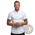 Men short sleeve slim business dress shirt in white cotton with black buttons and a classic collar for formal wear