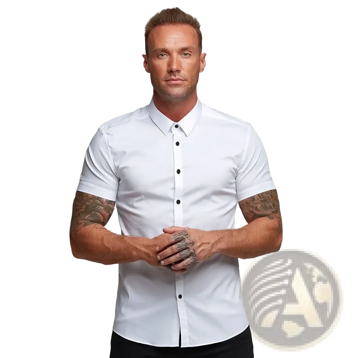 Men short sleeve slim business dress shirt in white cotton with black buttons and a classic collar for formal wear