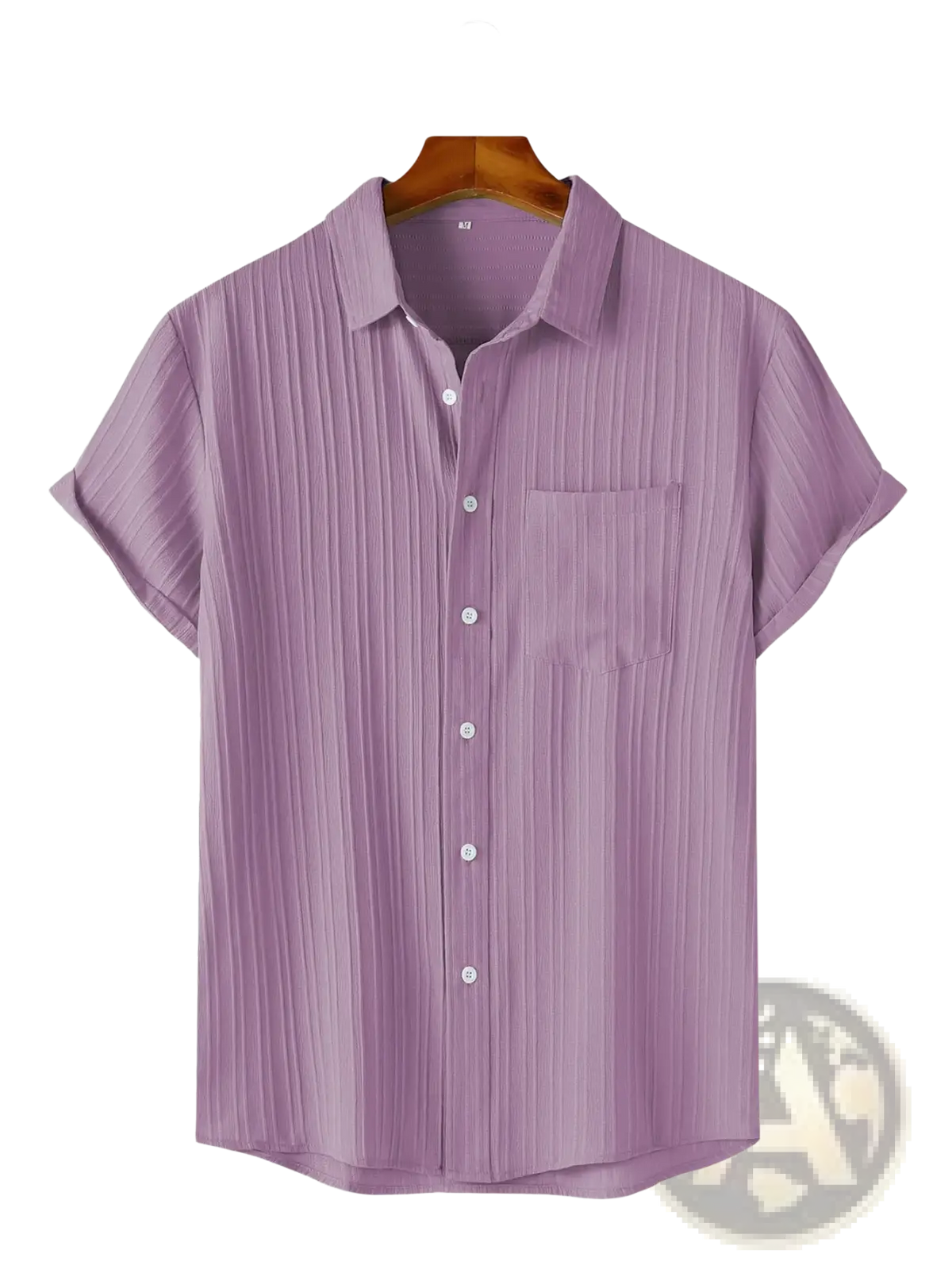 Men short sleeve textured beach shirt in light green with vertical pleats and a chest pocket in lavender color