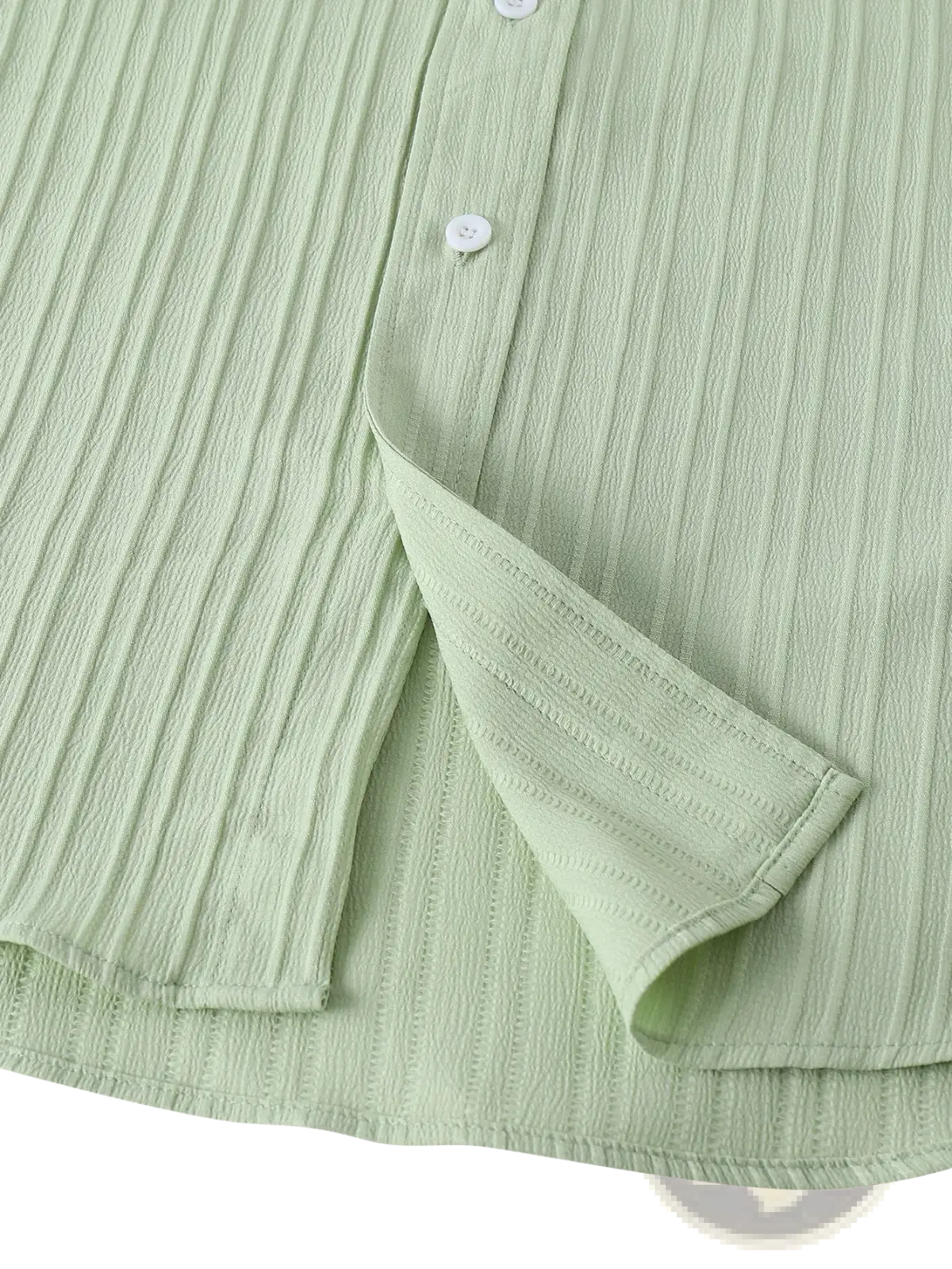 Men short sleeve textured beach shirt in light green ribbed cotton with white buttons and folded cuff