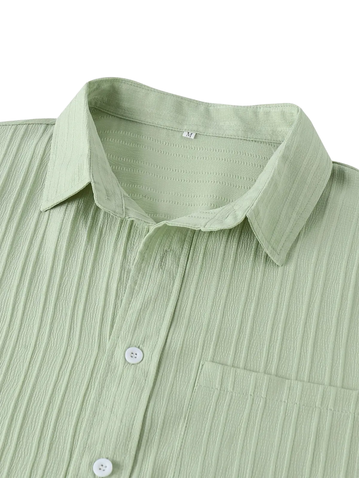 Men short sleeve textured beach shirt in light green with a crisp collar white buttons and subtle fabric texture