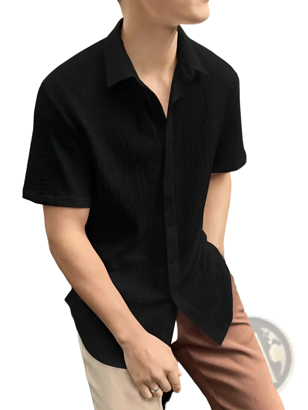 Men short sleeve textured casual shirt in black with a subtle woven pattern suitable for everyday wear